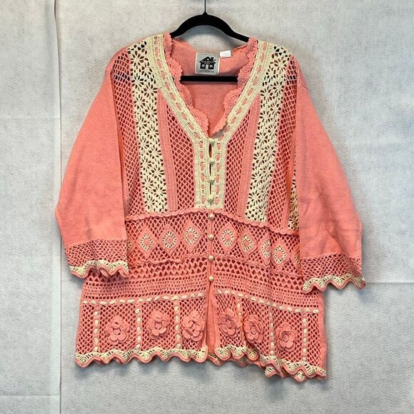 NWT STORYBOOK KNITS Women’s Cardigan 2X Coral Crochet Lace Button Front Sweater - Picture 1 of 16